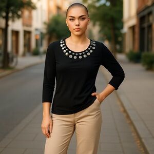 #59 Guillaume Black Embellished 3/4 Sleeve Tee